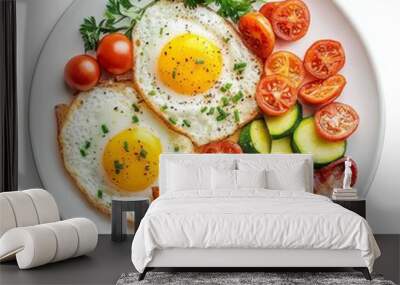 On a plate, an English breakfast with fried eggs, sausages, beans, grilled tomatoes, meat and toast is isolated on a transparent background. Wall mural