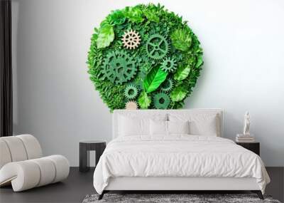 On a transparent background, a light bulb with green leaves and gear mechanisms can be seen Wall mural