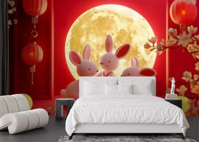 On textured red background, cute bunnies hop symmetrically towards the center with the full moon in the background. Text: Mid Autumn Holiday. August 15th. Full moon. Reunion. Wall mural