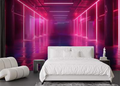 Parkking Underground Garage Purple Blue Neon Fluorescent Cyberpunk Bladerunner Lights Grunge Sci Fi Futuristic 3D Illustration Wall mural