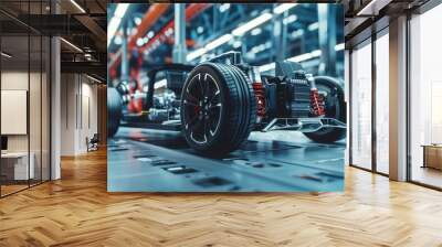 Photo of Automotive Concept: Authentic Electric Car Platform Chassis with Wheels, Engine, Brakes, and Battery in Innovative Automotive Design Facility. Focus on Axel and Engine. Wall mural