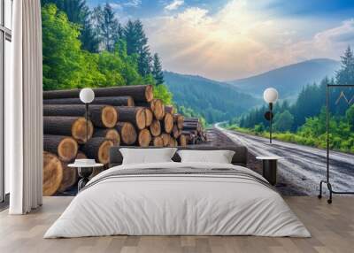 Pile of freshly cut spruce trunks on a logging road, spruce, trunks, pile, sawn, trees, forest, forest, logging, timber, wood Wall mural