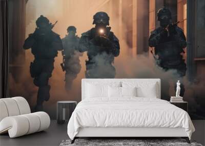 Police officers with masks run forward in formation toward an office building. Soldiers with rifles and flashlights run on a smoke-filled street. Wall mural