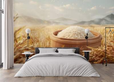 Rice product advertisement template. 3D mockup of steamed rice in wooden container. Engraving sketch of straw and a farmer harvesting in a paddy field. Wall mural