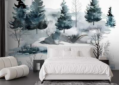 Set of watercolor winter forest landscapes and trees. Wall mural