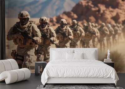 Single-file movement of fully equipped and armed soldiers in the desert. Wall mural