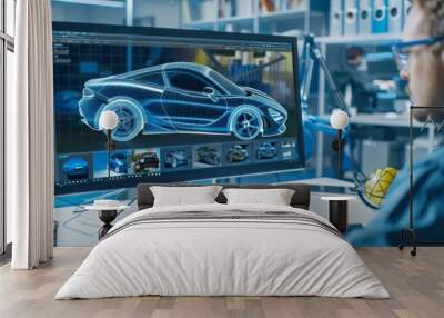 The Automotive Engineer works in a bright, modern office on the Personal Computer, perfecting a prototype sketch of the next car model. Wall mural