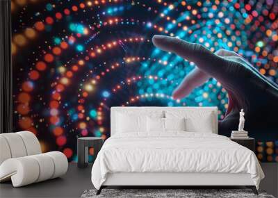 The big data concept. The digital neural network. The hand of a business woman touching the stock. The cyberspace of the future. Technology and science. Wall mural