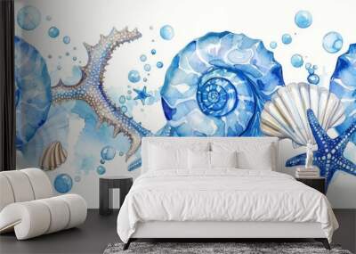 The border features a watercolor nautical theme with a transparent blue nautilus, starfish, shells, and bubbles. Wall mural