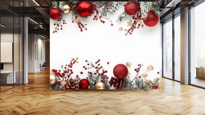 The decoration of fir branches and ornaments on white- a Christmas border Wall mural