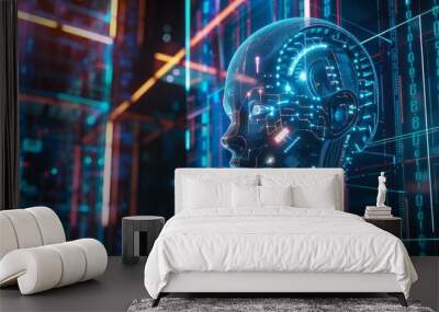 The image shows a robot head hanging over the podium and observing a virtual dashboard. The image also shows a cyborg head in the future. Machine learning and neural networks are shown in the image. Wall mural