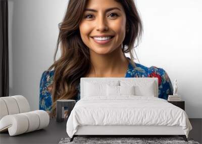 The image shows a smiling Latina woman wearing casual clothes, isolated on a white background Wall mural