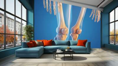 The minerals calcium zinc and magnesium are absorbed into the cartilage of the bone. Healthy human skeleton anatomy on blue background. Bone care at knee joint. Realistic 3D modern. Wall mural