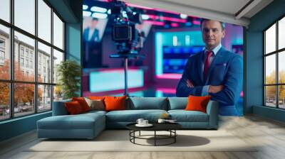 The News Studio of a Television Broadcasting Channel with a charismatic anchor talking about the announcements of the day. Mock-up Television Channel Newsroom Set. Wall mural