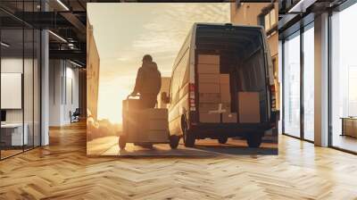 The outside of Logistics Distributions Warehouse Delivery Van: A worker unloads cardboard boxes on a hand truck, Online Orders, Purchases, E-Commerce Goods, Food, Medical Supplies. Wall mural