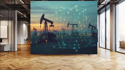 The silhouettes of oil and gas fields, fossil fuel stations and liquefied natural gas stations at dusk Wall mural