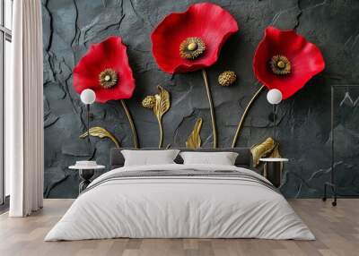 There are three panels of red flowers in this painting with gold accents Wall mural