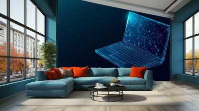 This 3D graphic concept showcases a low-poly laptop design with a blue geometric background and wireframe lights. Wall mural