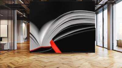 This black and white image shows a double-page spread with a red bookmark on black background. It illustrates the idea of learning, gaining knowledge, typography, and a passion for reading. Wall mural