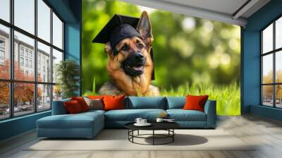 This German Shepherd is wearing a graduation cap while sitting in a garden. Wall mural