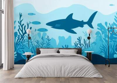 This is a hand-drawn digital illustration of a life shark swimming in the deep blue ocean Wall mural