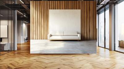 This is a mock-up of a wooden home living room interior with a couch and coffee table Wall mural