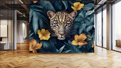 This is a tropical art nouveau, a deco print design with leaves and leopard print. This is an AI generative design Wall mural