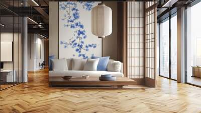 This minimalist Japanese living room features wallpaper and wooden walls in blue and beige tones, as well as a parquet floor, a fabric sofa, carpets, and decor. Wall mural