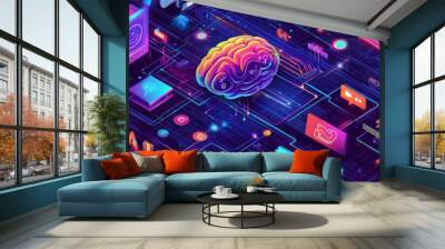 This neural interface allows users to control their computers directly with their brains. A flat illustration. Wall mural