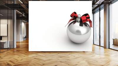 This stock image shows a silver Christmas ball with ribbon and a bow isolated on a white background. Wall mural