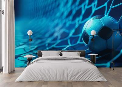 Three-dimensional rendering of soccer ball in net on dark blue background Wall mural