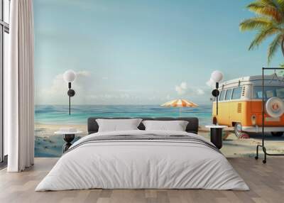 Travel holiday, summer vacation, van and beach accessories with beautiful ocean background in 3D. Wall mural