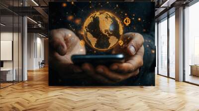 Using mobile app for digital banking and world currencies Wall mural