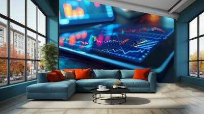 View of a stock market analytics screen with real-time graphs and reports. Stock exchange software template. Broker monitoring financial and business opportunities. Wall mural