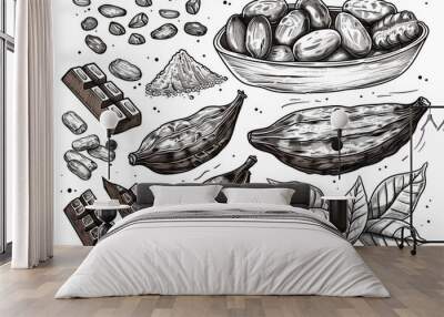 Vintage dessert and food concept with engraved cocoa beans or butter and dark chocolate bars. Chocolate elements hand drawn modern illustration collection. Wall mural