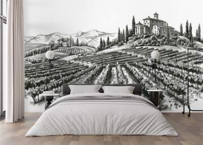 Vintage sketch of vineyards. Panoramic view of Chianti vine plantations. French or Italian engraved landscape. Castle winery and villa in rural Tuscany. Wall mural