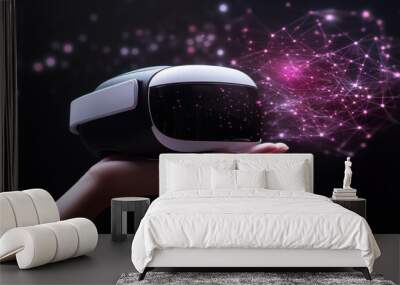 Wearing VR glasses and connecting to virtual global Internet metaverse, hologram screen display, network connection, wireless connection. Wall mural