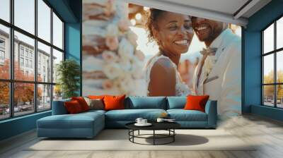 Wedding Couples Share a Reception Party with Multiethnic Friends. Married Couples Kiss at a Dinner Table and Cut Wedding Cake Together. Wall mural