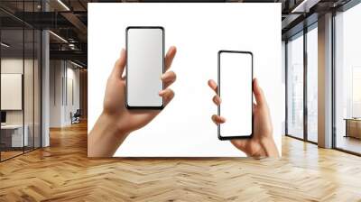 Woman holding black smartphone with blank screen and modern frameless design - two positions angled and vertical - on white background Wall mural