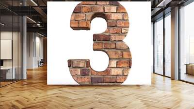 3D number 3 with brick texture realistic modern design, soft lighting, white background.  Wall mural