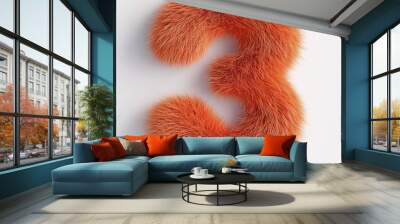 3D number 3 with orange fur texture realistic modern design, soft lighting, white background Wall mural