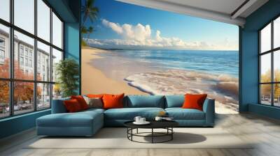 Beach with trees. Beach background with waves Wall mural