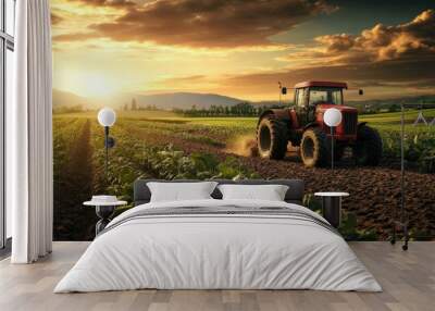 Combine harvester working on a field in sunsat. Agriculture Wall mural