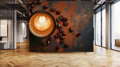 Cup of Coffe on black background. Beans on wooden background Wall mural