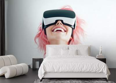 Smiling young pretty woman with blue hair wearing a VR headset on a clean white background  Wall mural