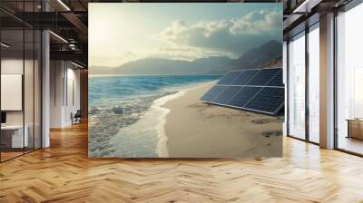 Solar panel 3d elements design professional advertising poster color background. Solar panel on the beach isolated stock photo on white background  Wall mural