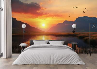 Sunset on the lake ocean, river, beautiful background Wall mural