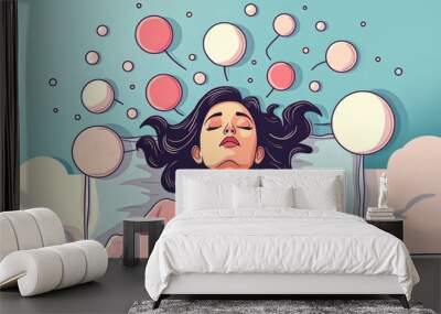 A young girl wakes up in bed in the morning, her head full of thoughts and plans for the day. Circles with thoughts are cartoonishly drawn around her head. The color scheme includes shades of pink Wall mural