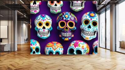 mexican day of the dead concept skull shaped cookies with colorful decorations, top view Wall mural