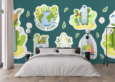 Ecological stickers. Environment protection, sustainability concept. No plastic, safe planet, use your own bag. Reuse. Recycle. Vector illustration. Wall mural